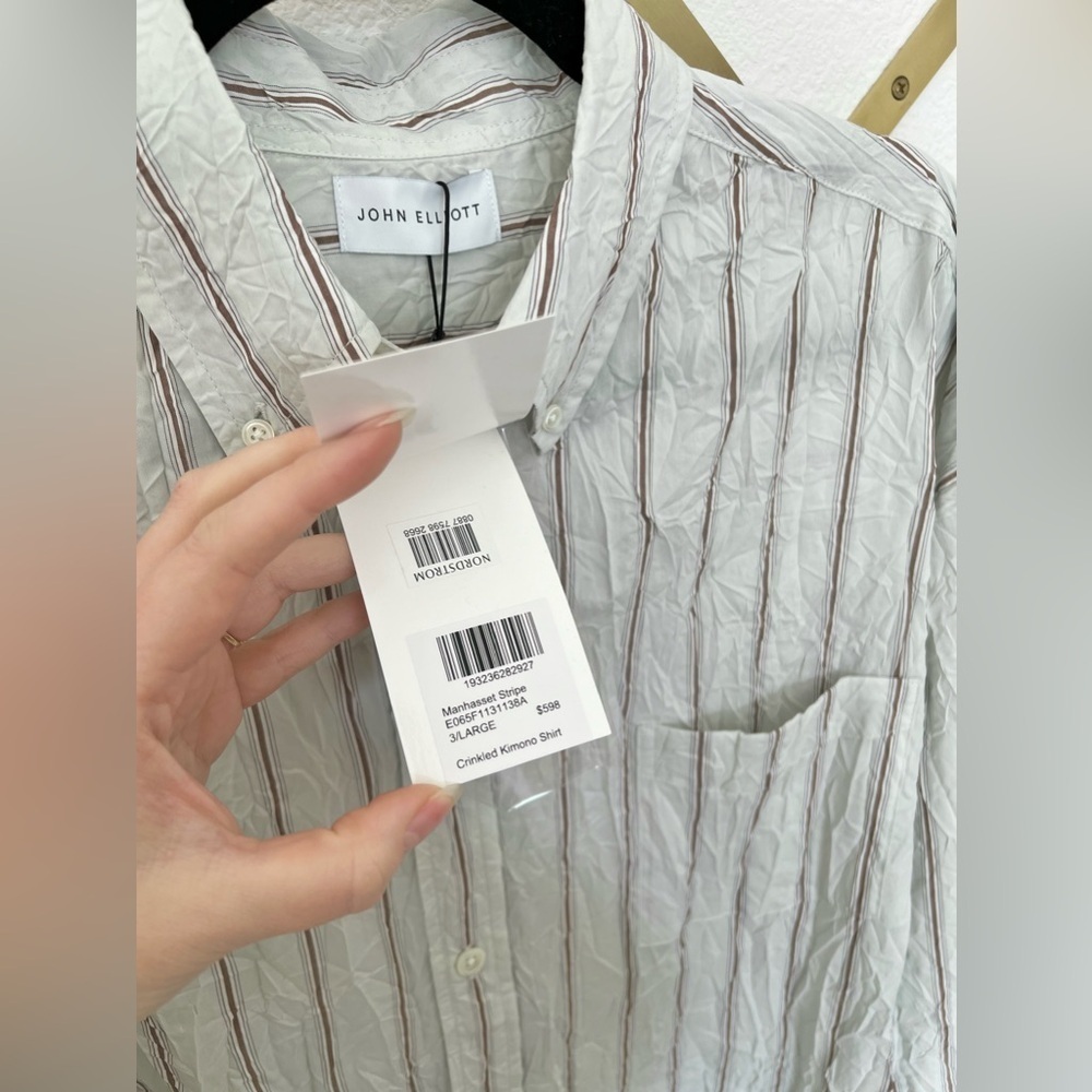 nwt JOHN ELLIOTT Men's Crinkled Tie Shirt in Manhasset Stripe Size Large - Picture 11 of 12